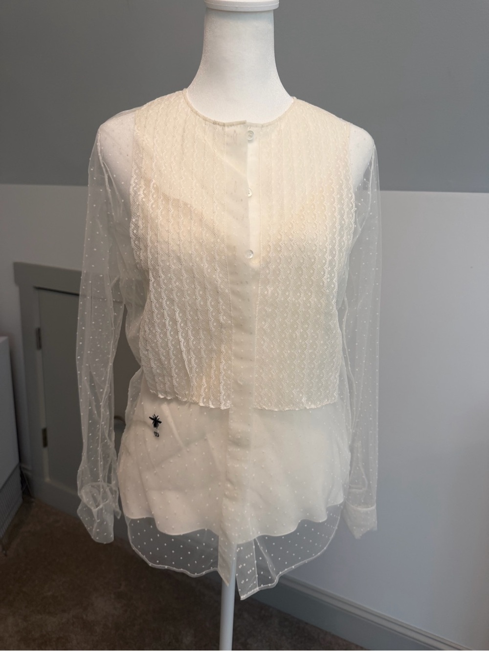 Christian Dior Ivory Sheer Tulle Plumetis Lace Bee Blouse Camisole Set Top